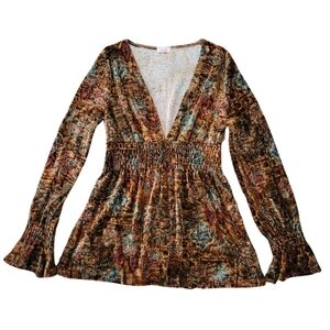 Vtg Sooki Velvet Balloon Sleeve Babydoll Top Women Size L Brown Boho Y2K Fairy